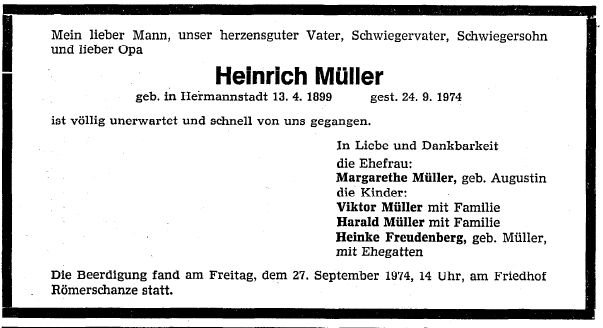 Mueller Heinrich 1899-1974 Todesanzeige